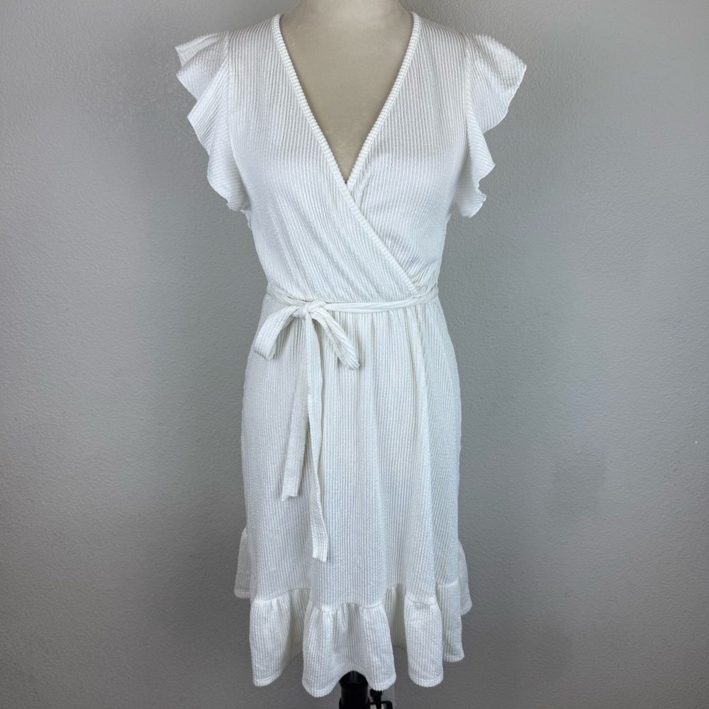 Caution To The Wind White Ruffle Mini‎ Dress With Waist Tie Trendy Cottagecore
